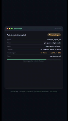 Recording of the Outhora app: a push to main is intercepted, checked against policy, approved by an engineer, and a signed receipt is issued